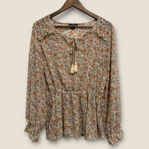 Gigio Floral Print Women's Long Sleeve Sheer Tassel Tie Top MEDIUM